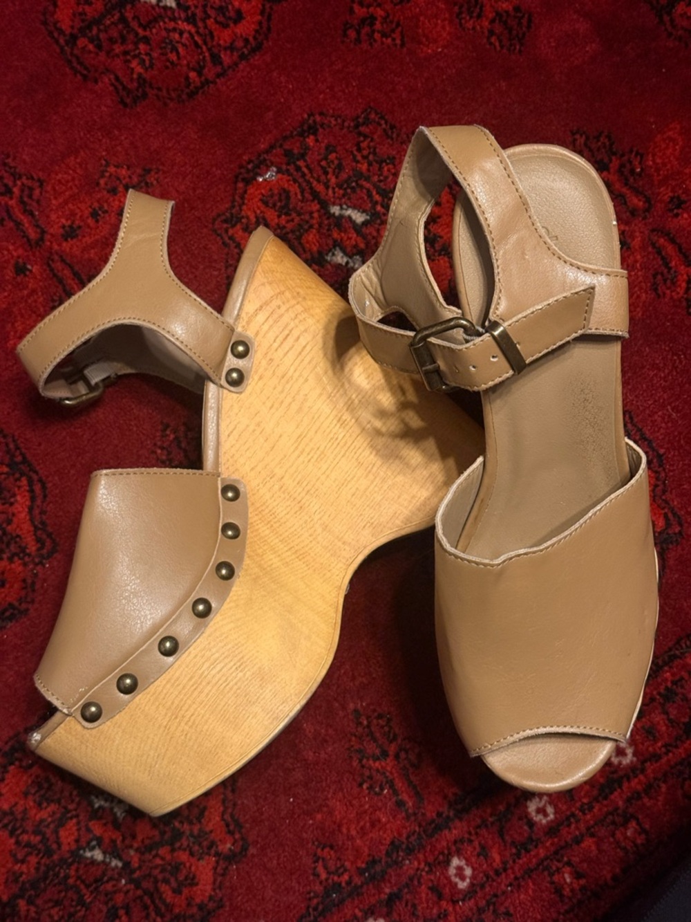 Women's Tan Leather Platform Sandals with Stud Detail